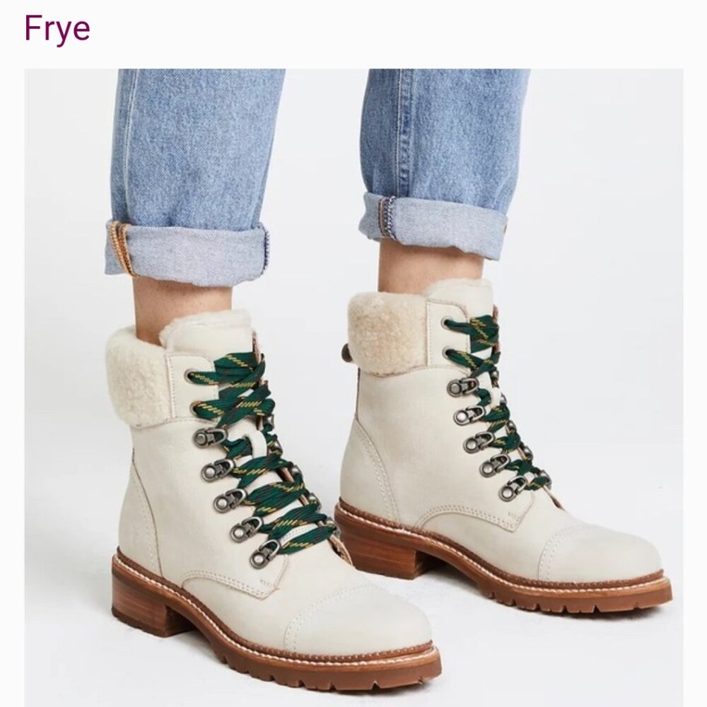 Frye Sabrina Cream Shearling Lace-Up Boots with Green Laces